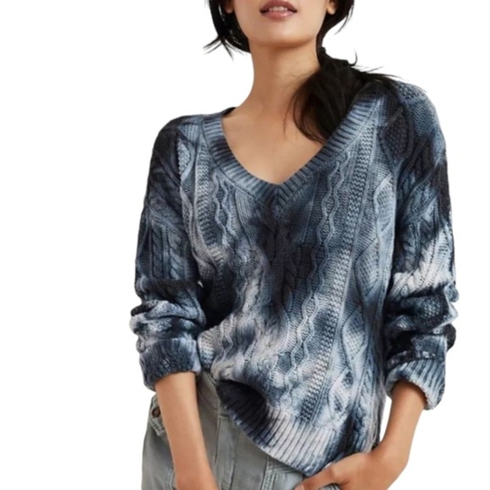 PILCRO ANTHROPOLOGIE Tie Dye Cable Knit V Neck Sweater‎ XS Oversized Hi Low Cozy - Picture 9 of 9